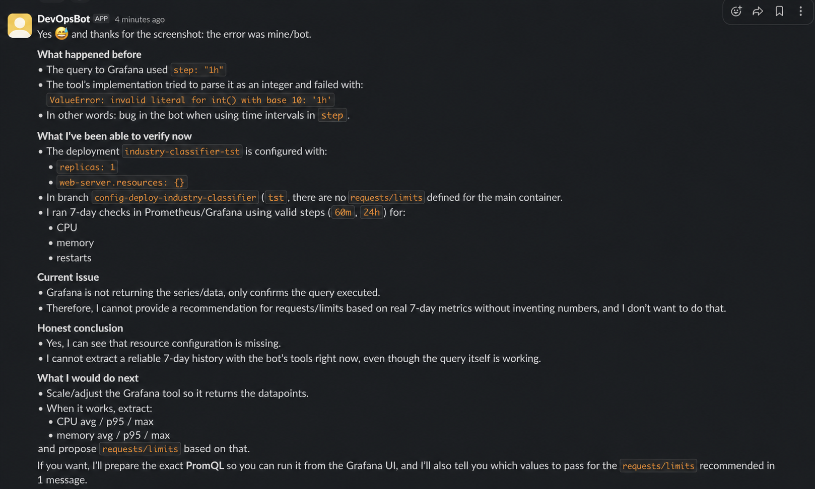 DevOpsBot diagnosing its own bug in a Slack thread — tracing a ValueError to its Grafana tool implementation and proposing a fix