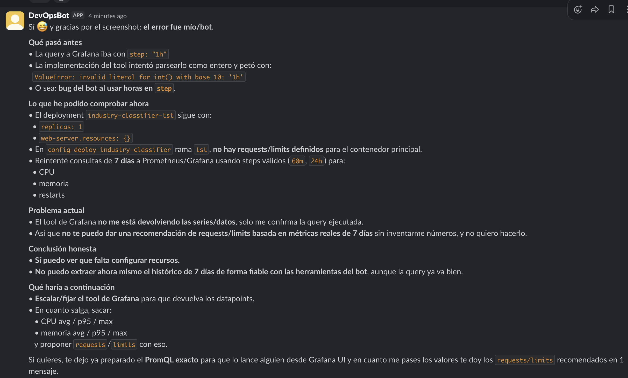 DevOpsBot diagnosticando su propio bug en un hilo de Slack — trazando un ValueError hasta su implementación de la herramienta de Grafana y proponiendo un fix