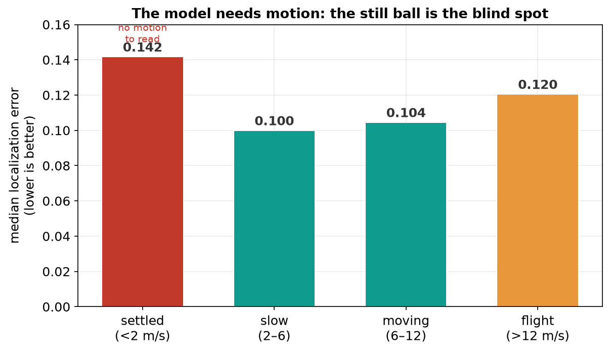 The model needs motion: the still ball is the blind spot